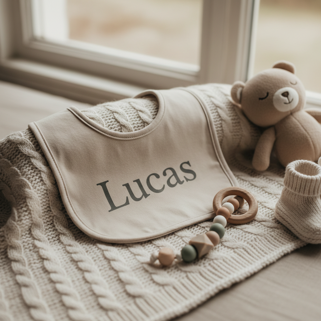 Beige slabbetje met naam Lucas