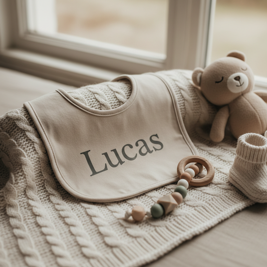 Beige slabbetje met naam Lucas
