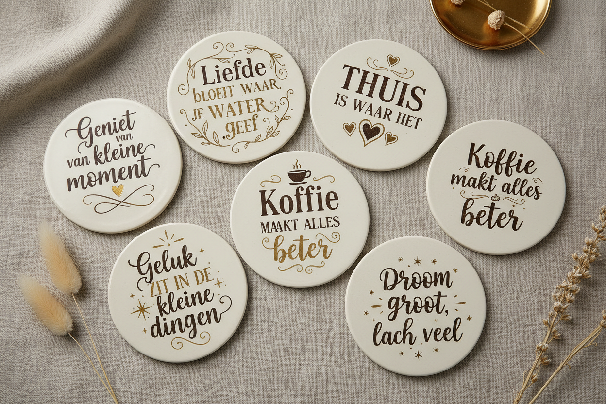 Ronde onderzetters met quotes en decoraties