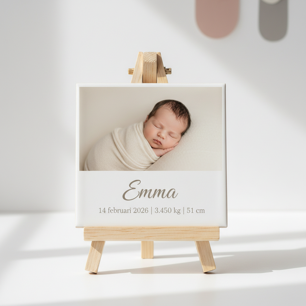 Tegeltje met babyfoto en geboortedatum
