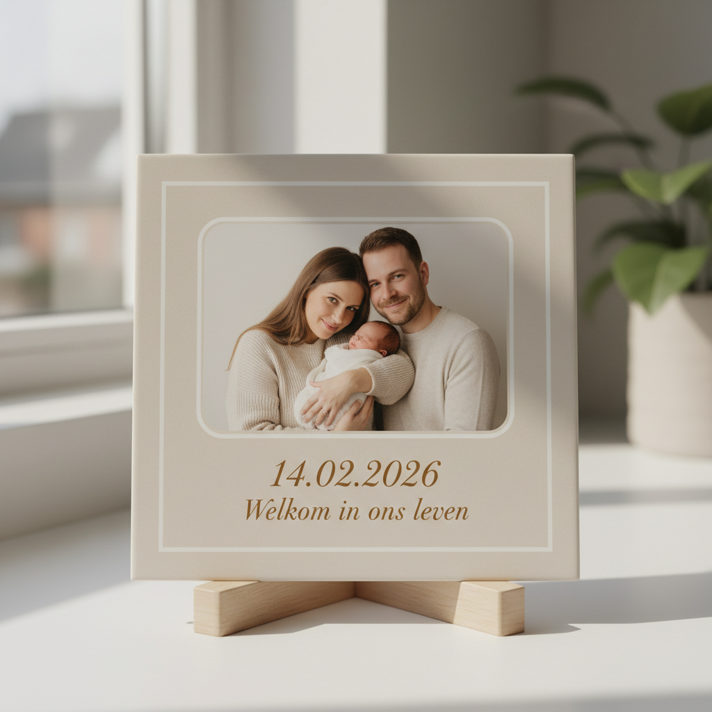 Tegeltje met familiefoto en datum - Welkom in ons leven